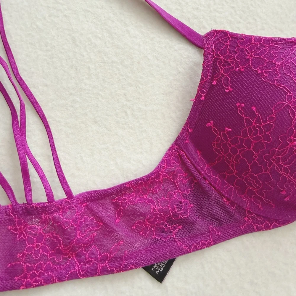Victoria's Secret Very Sexy Magenta Floral Lace Front-Close Push-Up Bra 32B - Picture 14 of 16